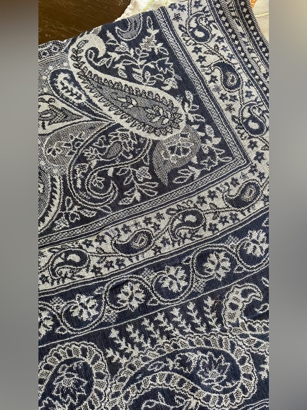 White and Navy oversized Shawl. Paisley Print fringed. One size